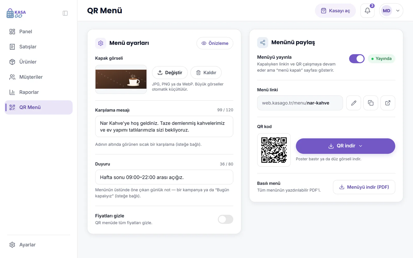 QR Menü ekranı: kapak görseli, karşılama mesajı, duyuru, fiyatları gizle ile menü linki, QR kod ve PDF menü