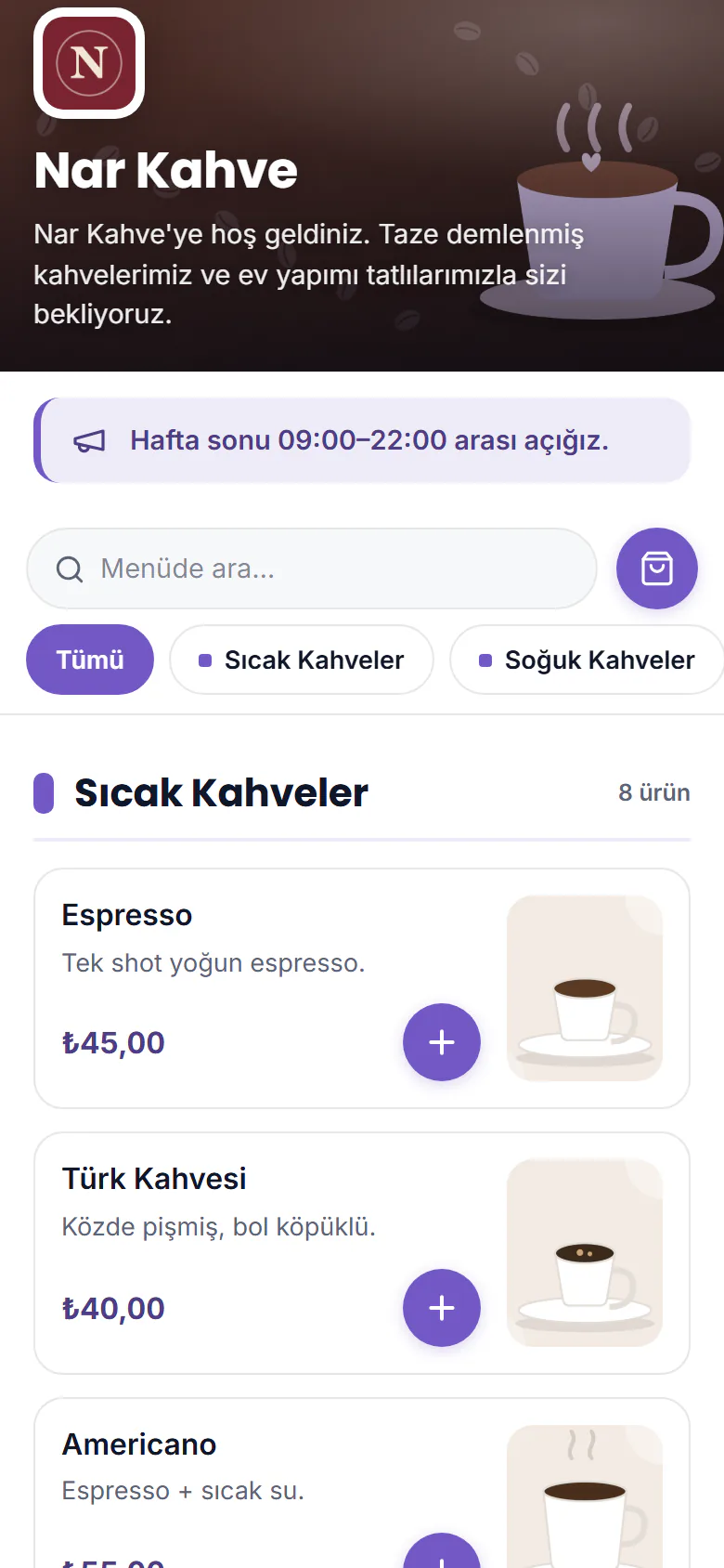 Telefonda QR menü: işletme logosu ve kapak görseli, duyuru, arama kutusu, kategori düğmeleri ve fiyatlı ürünler
