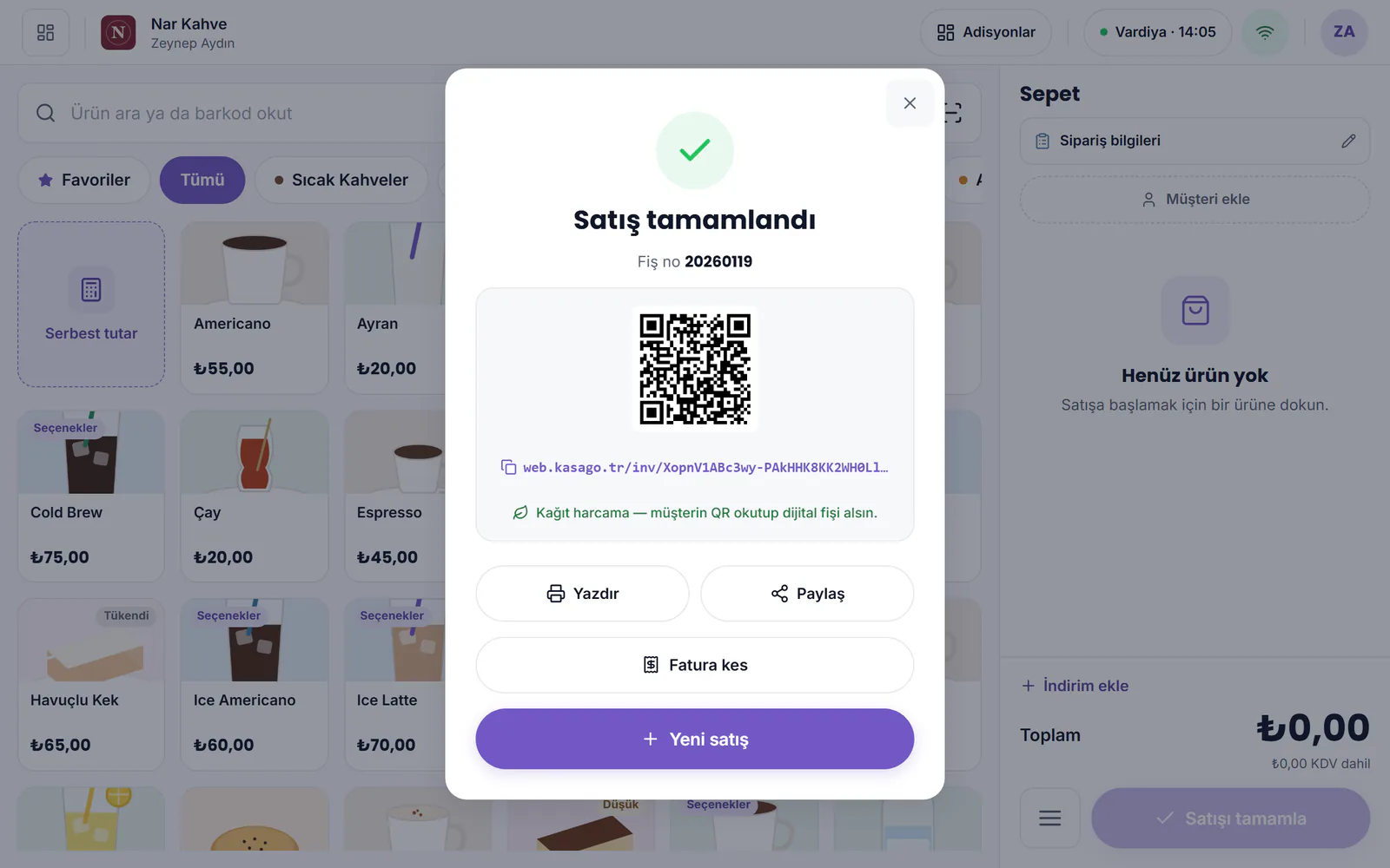 Satış tamamlandı penceresi: fiş numarası, dijital fiş QR kodu ve Yazdır, Paylaş, Fatura kes düğmeleri