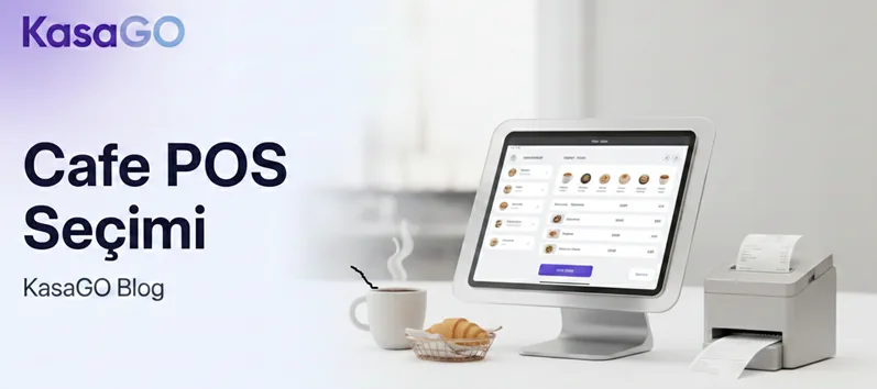 Cafe POS seçimi rehber kapak görseli: kafe tezgâhında tablet kasa, fiş yazıcısı ve kahve (temsilî görsel)