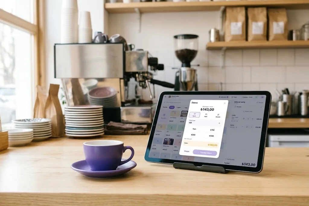 Kafe tezgâhında öğütücünün yanındaki standda KasaGo Kasa ekranı açık tablet