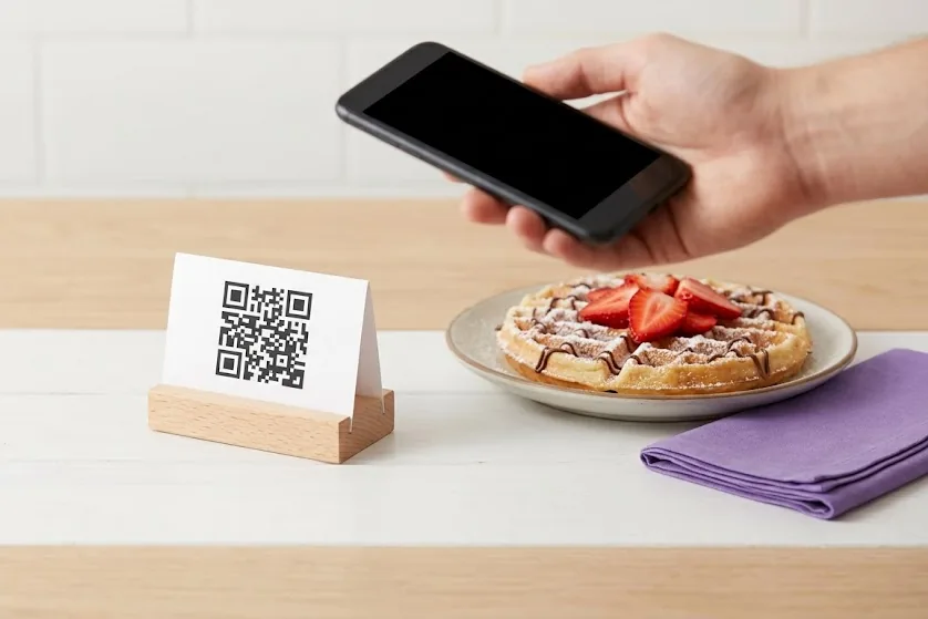 Waffle dükkânında masadaki küçük kart standının üstünde tutulan ekranı kapalı telefon, mor peçete