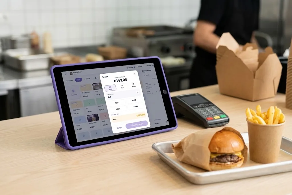 Burger tezgâhında mor kılıflı tablette KasaGo Kasa ekranı, yanında ekranı kapalı sade bir banka kart cihazı