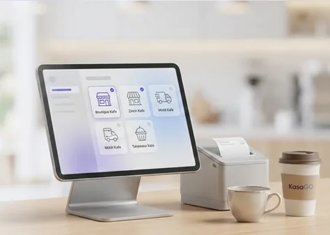 Kafe modelleri ve POS seçimi: tablet ekranında butik, zincir, mobil ve tepsisiz kafe kartları (temsilî görsel)