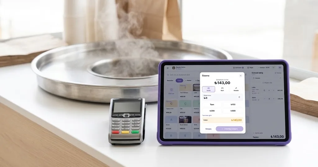 Tantuni tezgâhında yan yana duran ekranı kapalı sade bir kart cihazı ve mor kılıflı tablet — cihaz mı, yazılım mı
