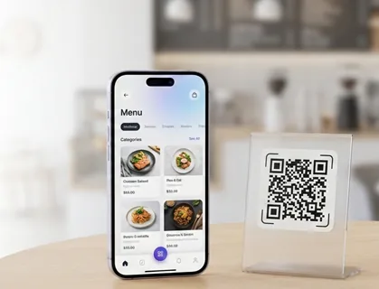QR menü nasıl çalışır: masadaki karekod standı ve menünün açıldığı telefon ekranı (temsilî görsel)