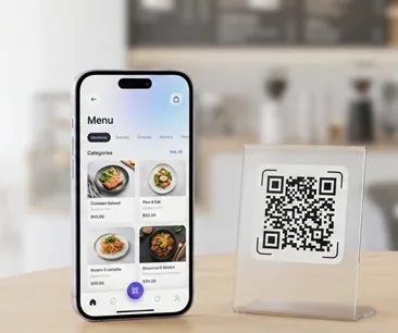 QR menü tasarım ipuçları: telefon ekranında kategori sekmeleri, ürün fotoğrafları ve fiyatlar (temsilî görsel)