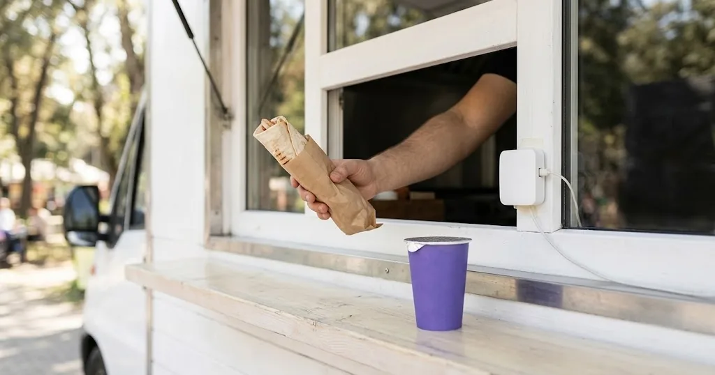 Food truck servis penceresinden dürüm uzatan el; pencerenin iç kenarına bantlanmış küçük modem, tezgâhta mor ayran bardağı — zayıf internette çalışan tezgâh